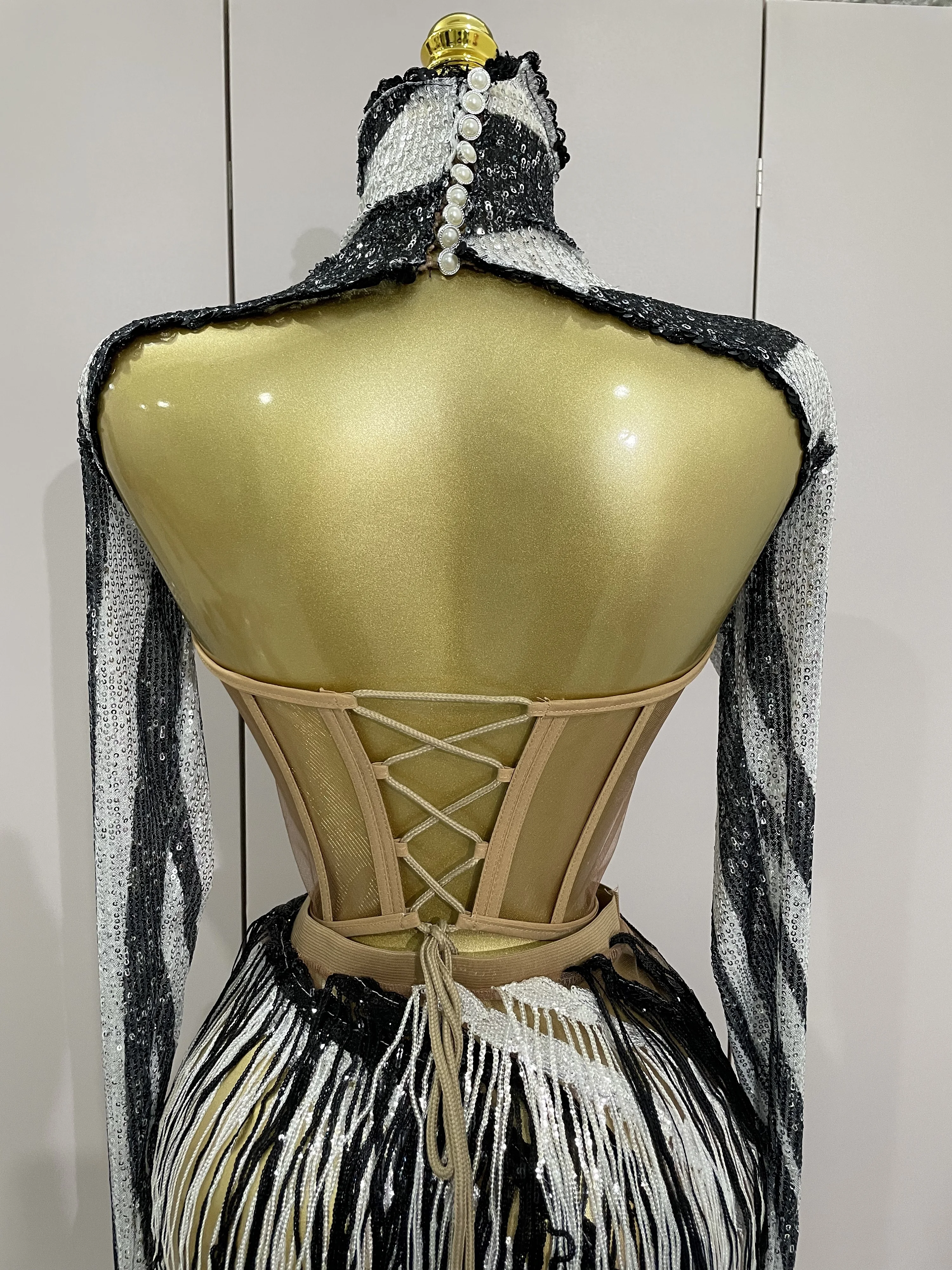 2025 New Shiny Diamond Sequin Tassels Sexy Mesh Long Sleeved Two Piece Set Women Evening Birthday Party Nightclub Stage Costume