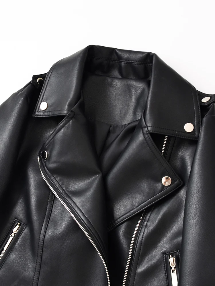 Ailegogo New Spring Autumn Moto Biker Loose Black Faux Leather Jacket Streetwear Female Zipper Coat Outwear