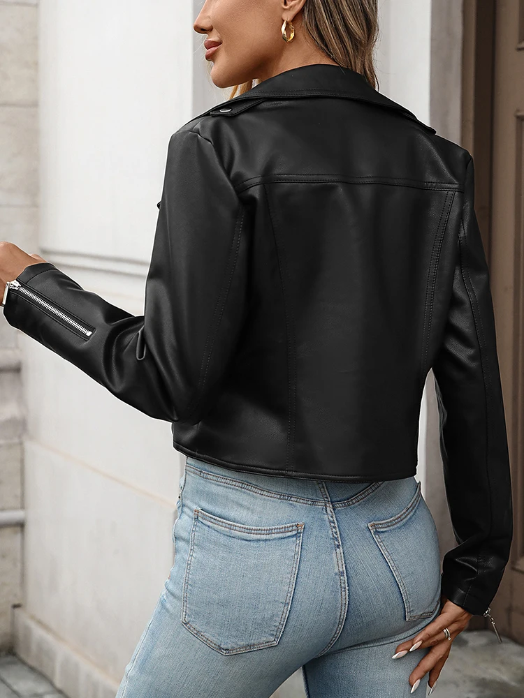 Ailegogo New Spring Autumn Moto Biker Loose Black Faux Leather Jacket Streetwear Female Zipper Coat Outwear