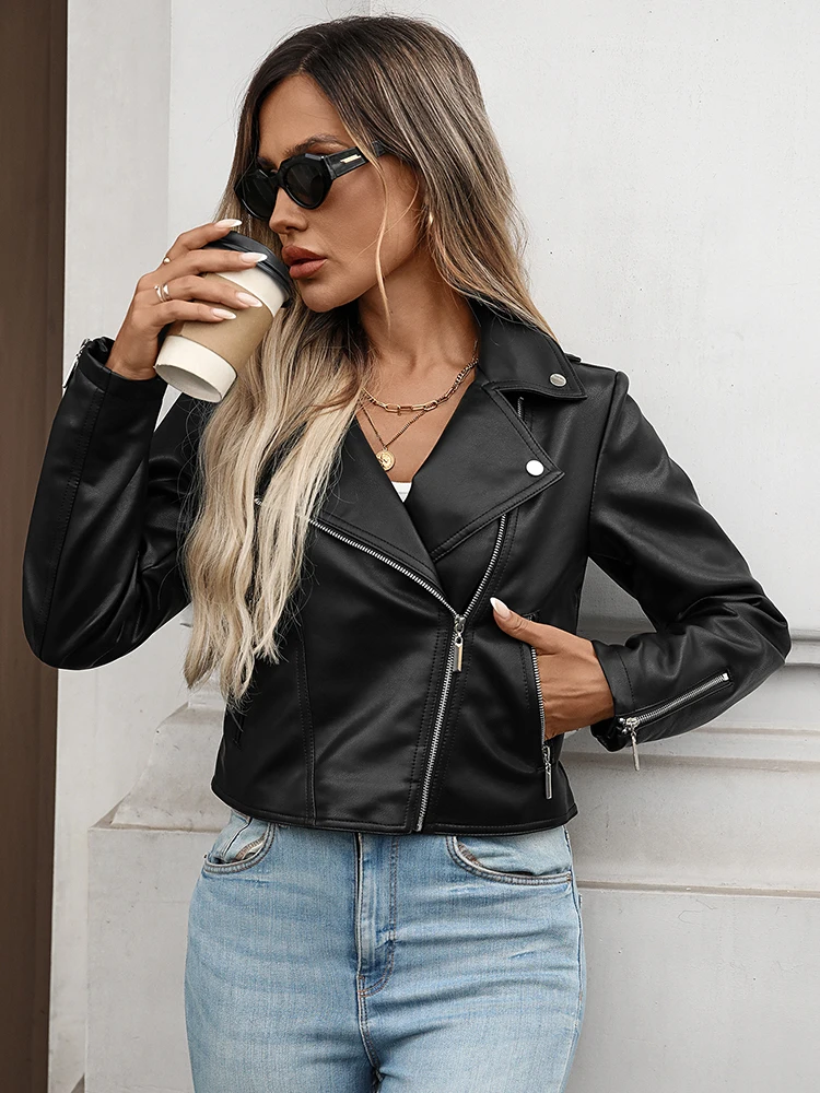 Ailegogo New Spring Autumn Moto Biker Loose Black Faux Leather Jacket Streetwear Female Zipper Coat Outwear