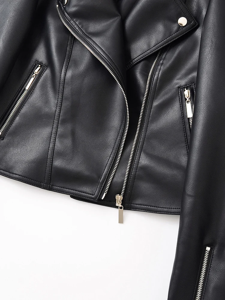 Ailegogo New Spring Autumn Moto Biker Loose Black Faux Leather Jacket Streetwear Female Zipper Coat Outwear