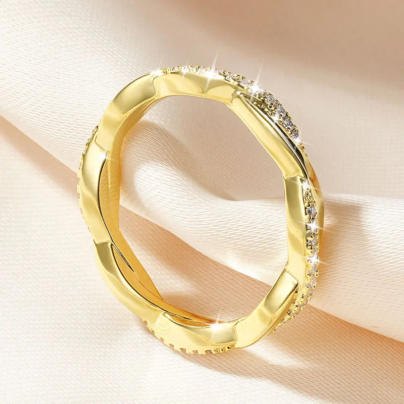 IOGOU 14k Gold Filled Moissanite Full Eternity Rings Fashion Twist Shank Stackable Finger Bands for Womem GRA Cerified Jewelry