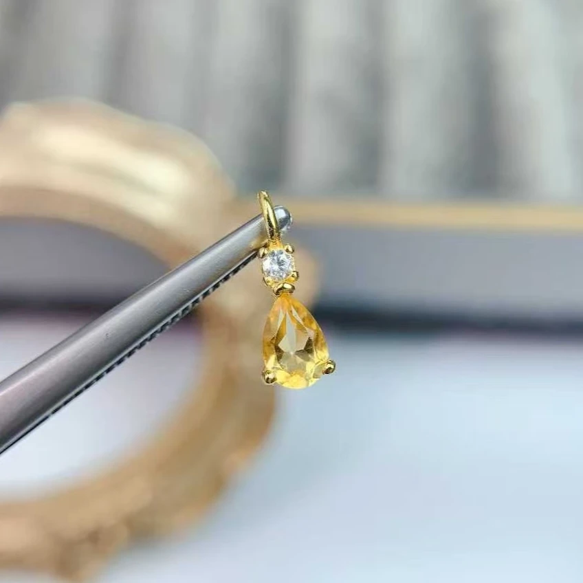 Small 925 Silver Gemstone Pendant Natural Citrine Pendant 4mm*6mm VVS Grade Genuine Citrine Jewelry