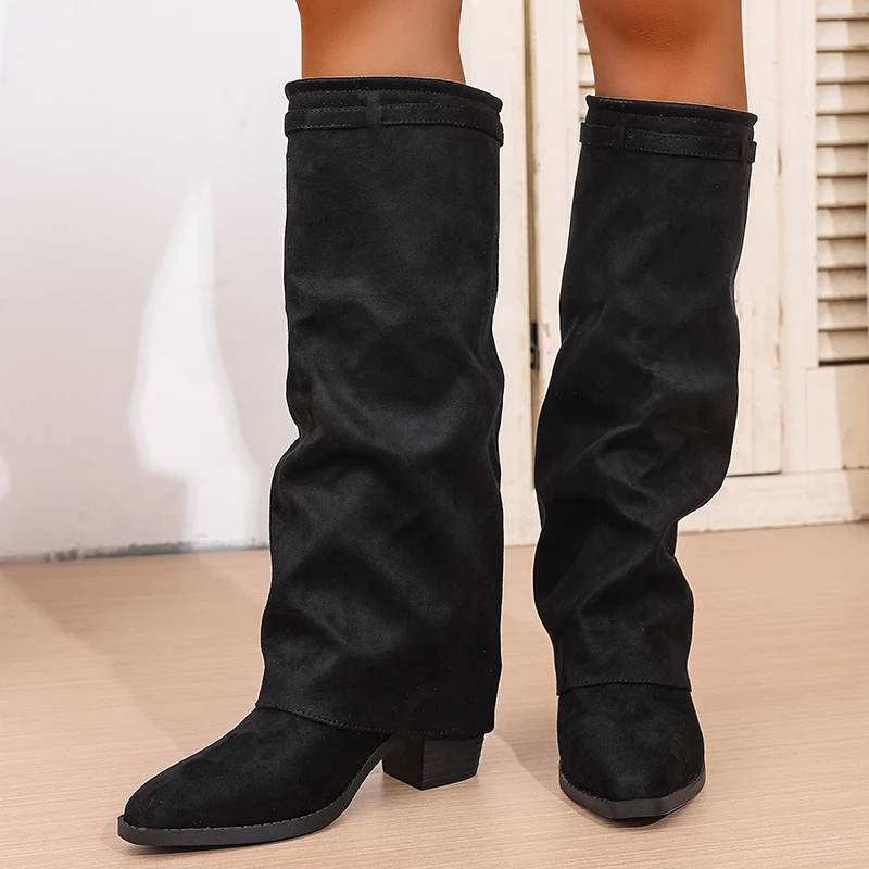 Fashion Slip On High Heeled Knee High Boots Women Autumn Winter High Tube Rider Boots Woman Pointed Toe Thick Heel Long Botas