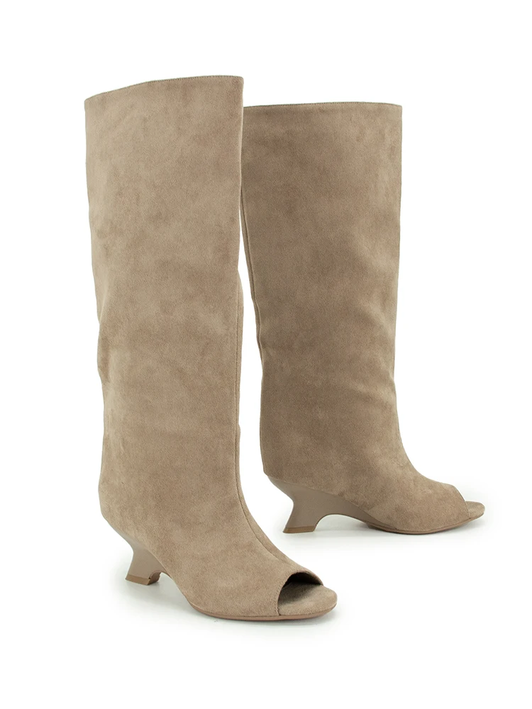 GMQM 2025 New Women’s Slouchy Knee High Boots Open Toe Wedge Heel Wide Calf Pull On For Winter Fall Fashion Casual Dress Tall