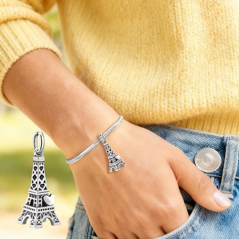 Adjustable 925 Sterling Silver Vintage Pendants Love Heart Tower Charms Beads Fit Original Bracelet Bangles Necklace DIY Jewelry