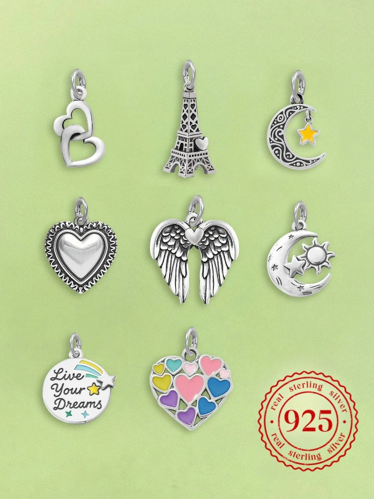 Adjustable 925 Sterling Silver Vintage Pendants Love Heart Tower Charms Beads Fit Original Bracelet Bangles Necklace DIY Jewelry
