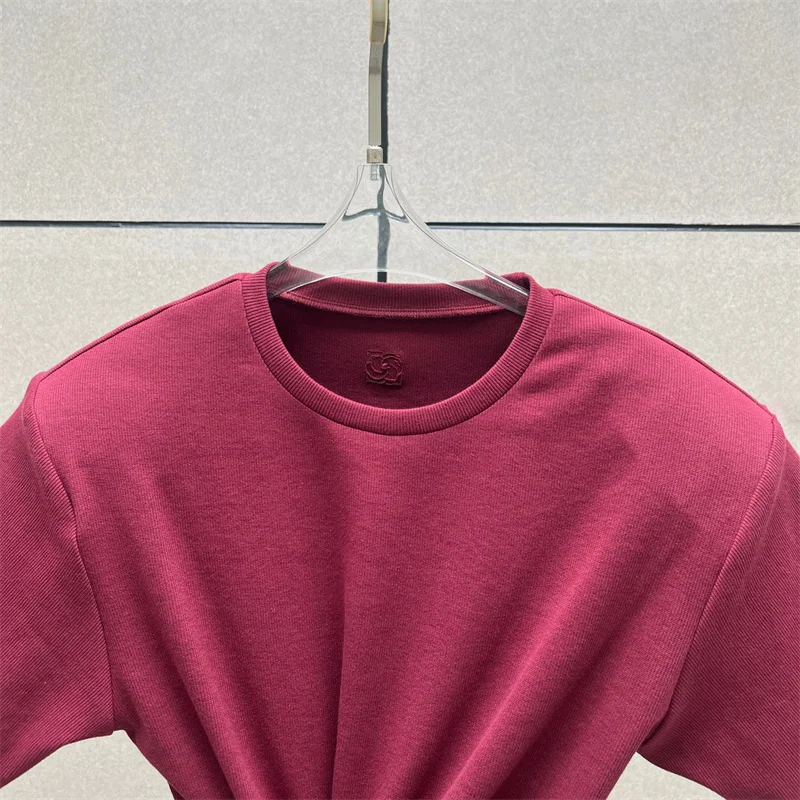 Women's t-shirt 2025 summer New elastic knitted short sleeved top 3D flower decorated round neck pullover pure cotton crop top