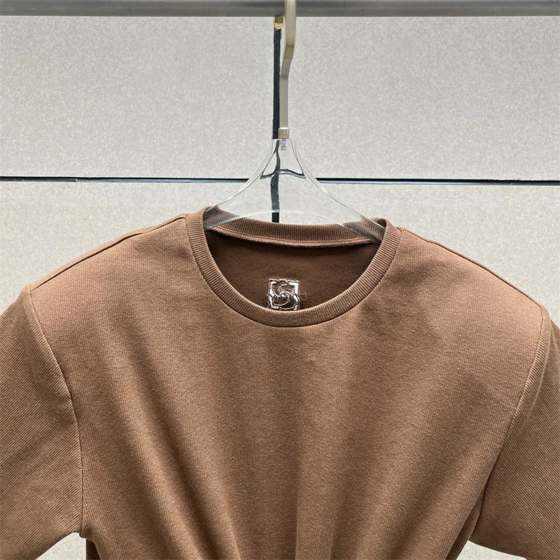 Women's t-shirt 2025 summer New elastic knitted short sleeved top 3D flower decorated round neck pullover pure cotton crop top