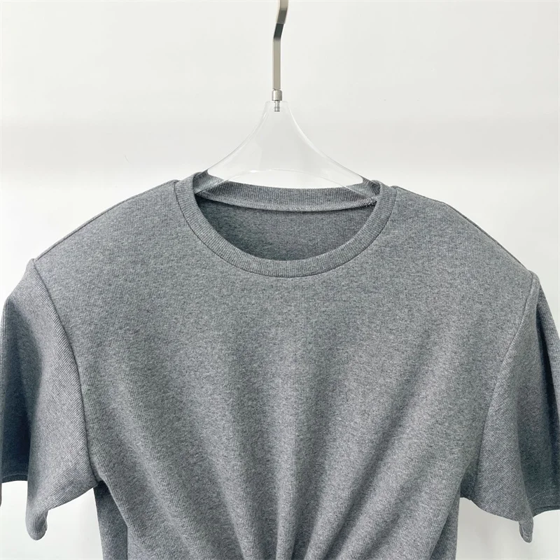 Women's t-shirt 2025 summer New elastic knitted short sleeved top 3D flower decorated round neck pullover pure cotton crop top