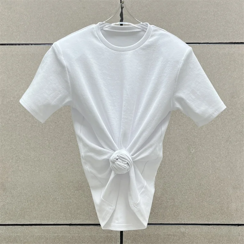 Women's t-shirt 2025 summer New elastic knitted short sleeved top 3D flower decorated round neck pullover pure cotton crop top
