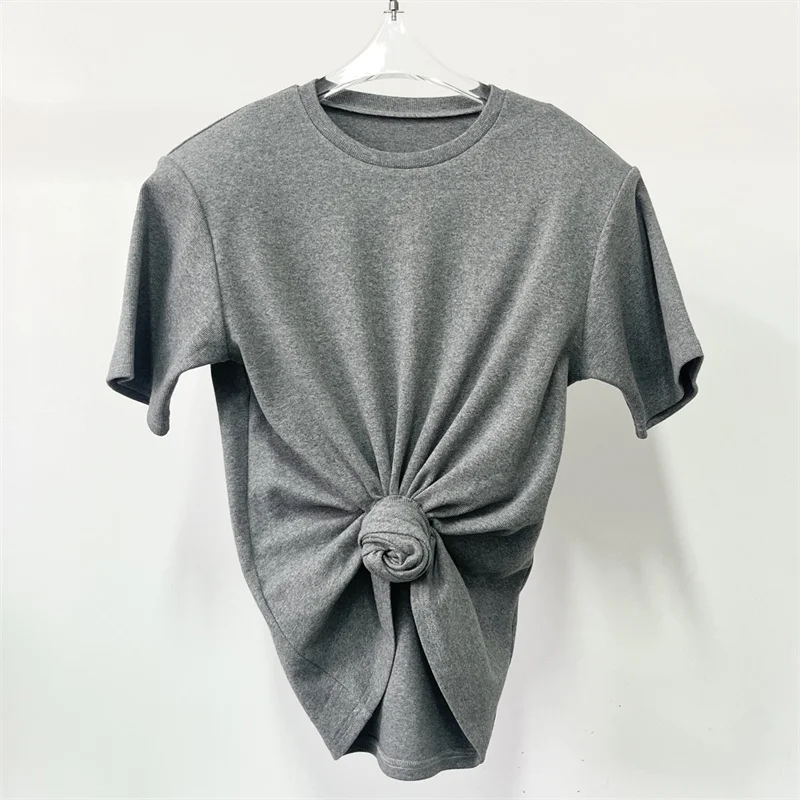 Women's t-shirt 2025 summer New elastic knitted short sleeved top 3D flower decorated round neck pullover pure cotton crop top