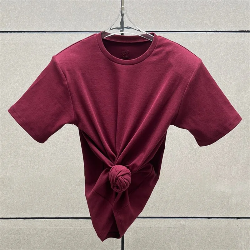 Women's t-shirt 2025 summer New elastic knitted short sleeved top 3D flower decorated round neck pullover pure cotton crop top