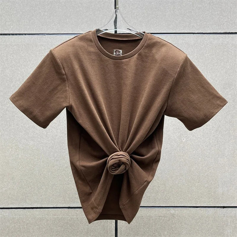 Women's t-shirt 2025 summer New elastic knitted short sleeved top 3D flower decorated round neck pullover pure cotton crop top
