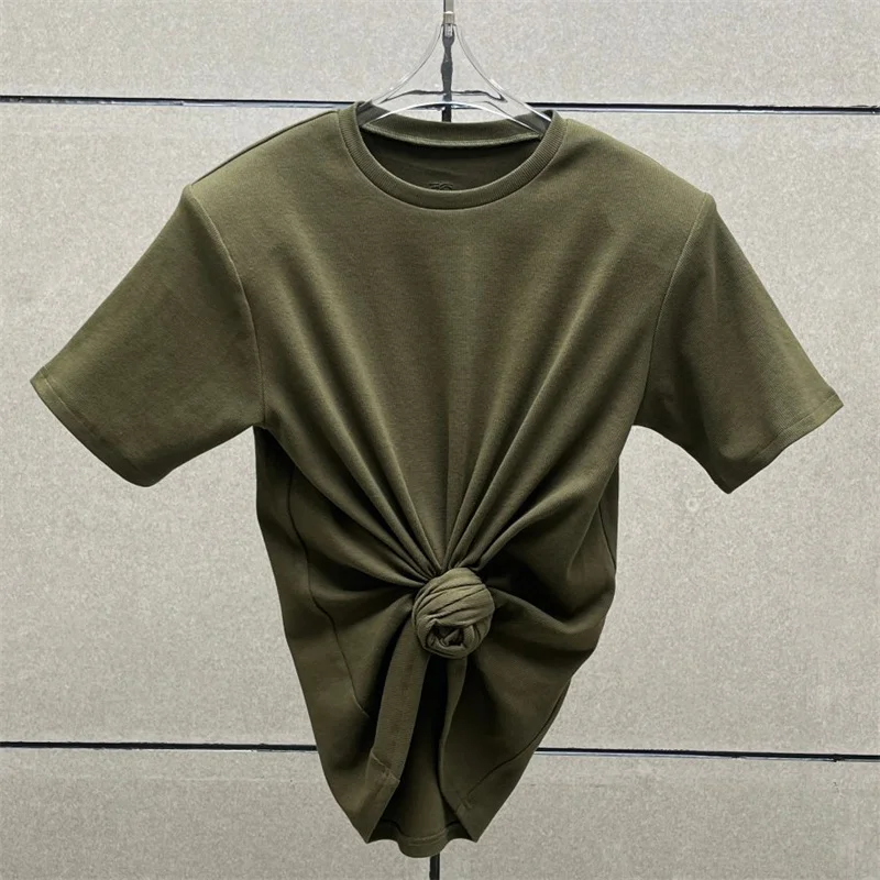 Women's t-shirt 2025 summer New elastic knitted short sleeved top 3D flower decorated round neck pullover pure cotton crop top