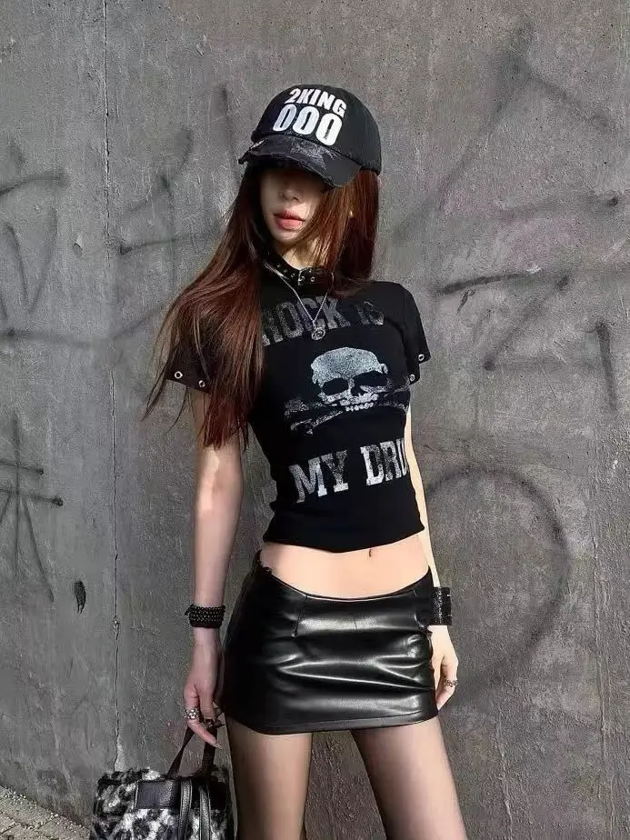 Seeslim Goth Print Women's T-shirt Short Sleeve Gothic Graphic Tee Female Clothing 2000s Clothes Y2k Summer Tops Slim Tshirt