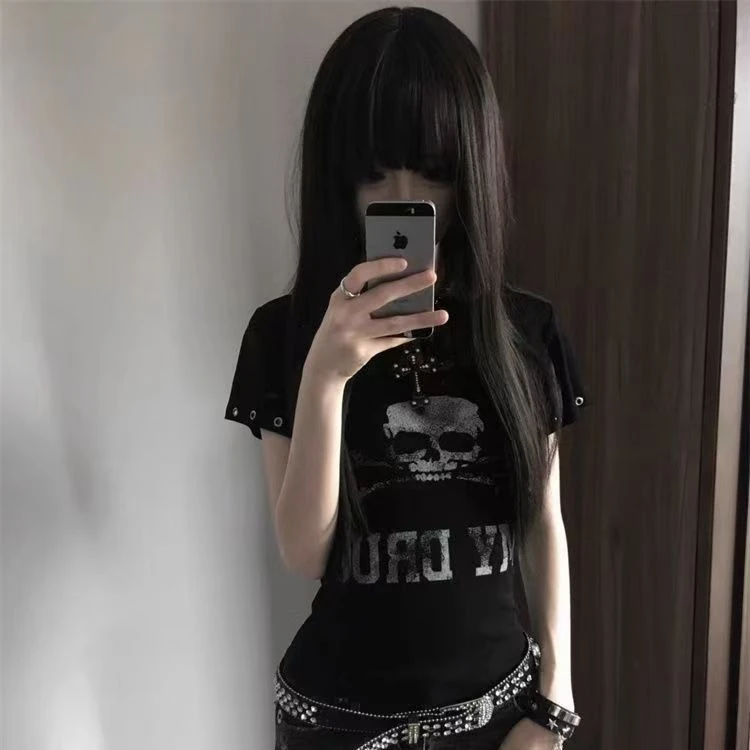Seeslim Goth Print Women's T-shirt Short Sleeve Gothic Graphic Tee Female Clothing 2000s Clothes Y2k Summer Tops Slim Tshirt