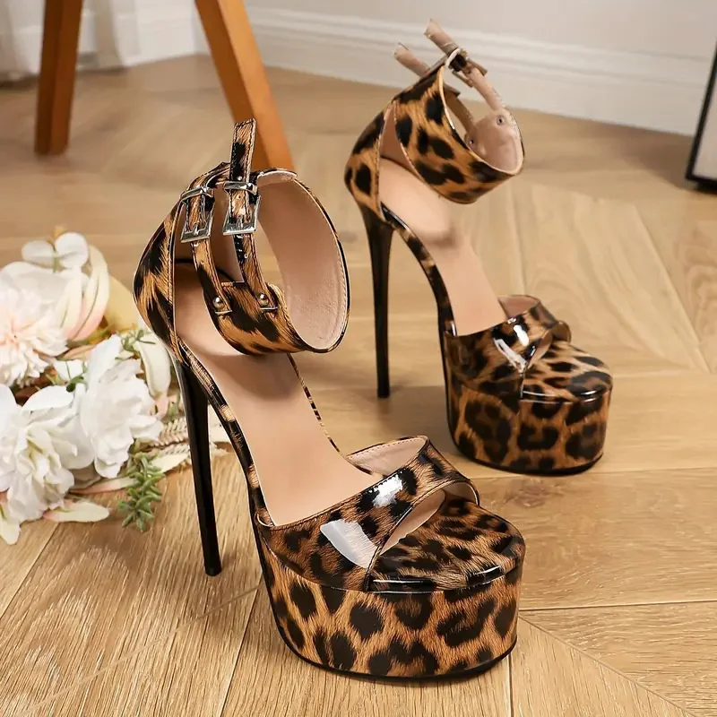 Hlieny New Sexy Leopard Print Sandals Woman Fashion Ankle Buckle Strap Open Toe Platform High Heels Banquet Party Dress Shoes