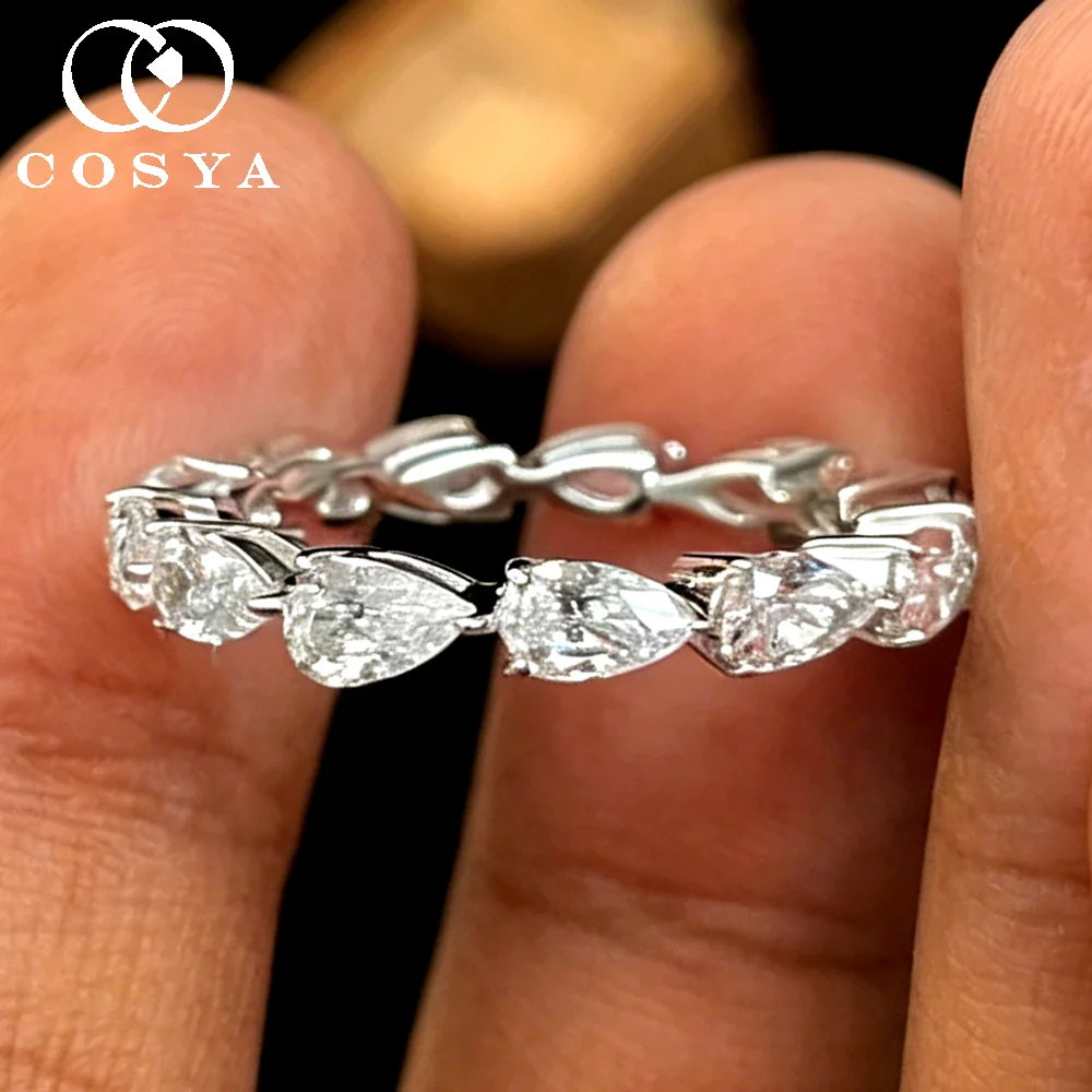 COSYA 4.5cttw Pear Cut Moissanite Eternity Ring For Women 100% S925 Silver Certified Waterdrop Diamond Wedding Band Fine Jewelry