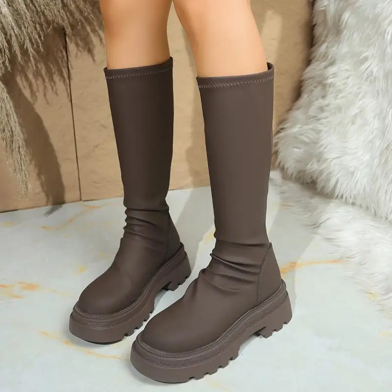 Sexy Black Thick Bottom Knee High Boots Women 2026 Winter Comfort Platform Thick Heel Elastic Long Riding Boots Plus Size Shoes