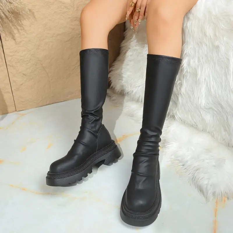 Sexy Black Thick Bottom Knee High Boots Women 2026 Winter Comfort Platform Thick Heel Elastic Long Riding Boots Plus Size Shoes