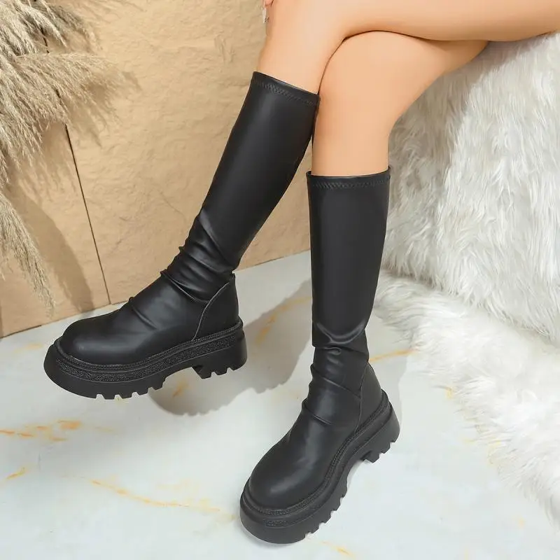 Sexy Black Thick Bottom Knee High Boots Women 2026 Winter Comfort Platform Thick Heel Elastic Long Riding Boots Plus Size Shoes