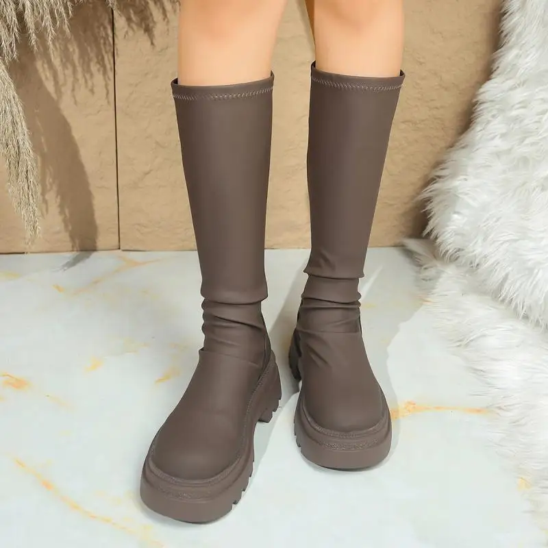Sexy Black Thick Bottom Knee High Boots Women 2026 Winter Comfort Platform Thick Heel Elastic Long Riding Boots Plus Size Shoes