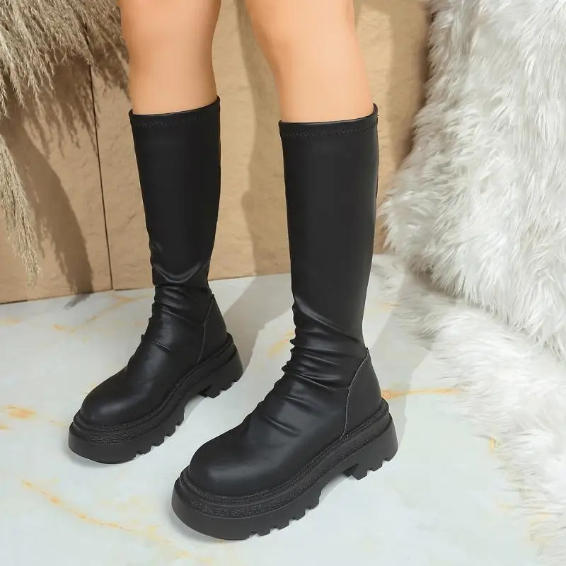 Sexy Black Thick Bottom Knee High Boots Women 2026 Winter Comfort Platform Thick Heel Elastic Long Riding Boots Plus Size Shoes