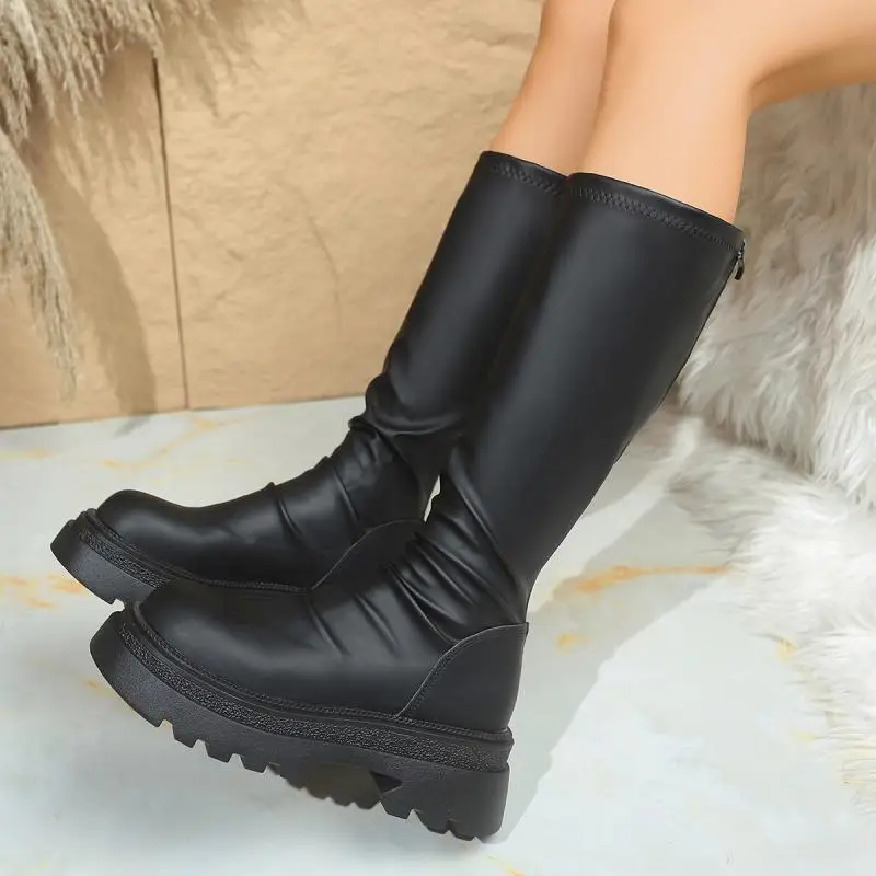 Sexy Black Thick Bottom Knee High Boots Women 2026 Winter Comfort Platform Thick Heel Elastic Long Riding Boots Plus Size Shoes