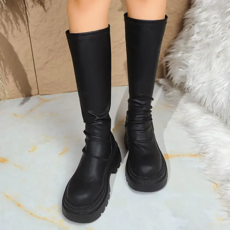 Sexy Black Thick Bottom Knee High Boots Women 2026 Winter Comfort Platform Thick Heel Elastic Long Riding Boots Plus Size Shoes