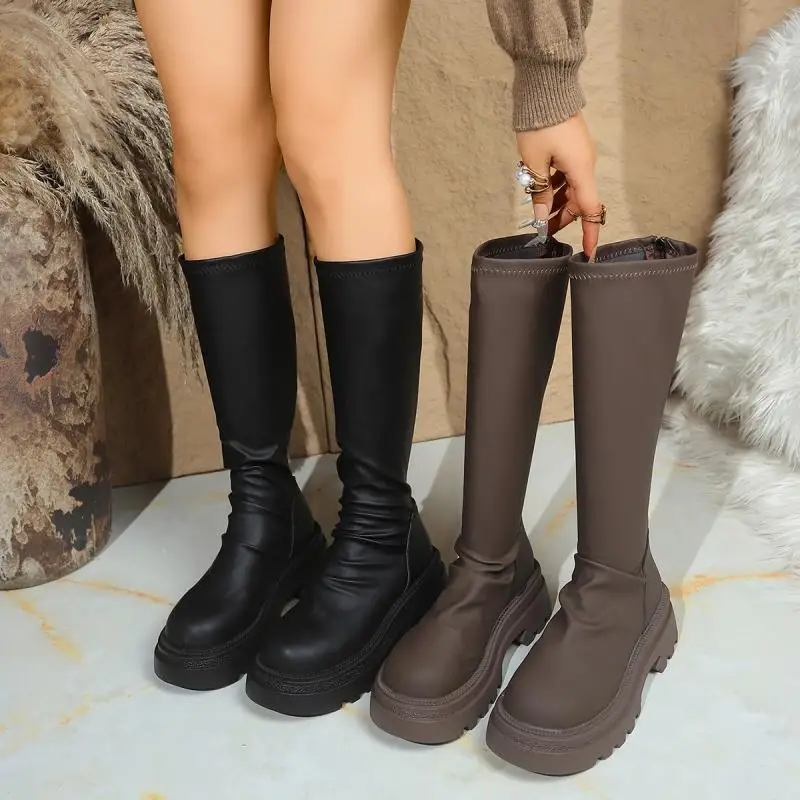 Sexy Black Thick Bottom Knee High Boots Women 2026 Winter Comfort Platform Thick Heel Elastic Long Riding Boots Plus Size Shoes