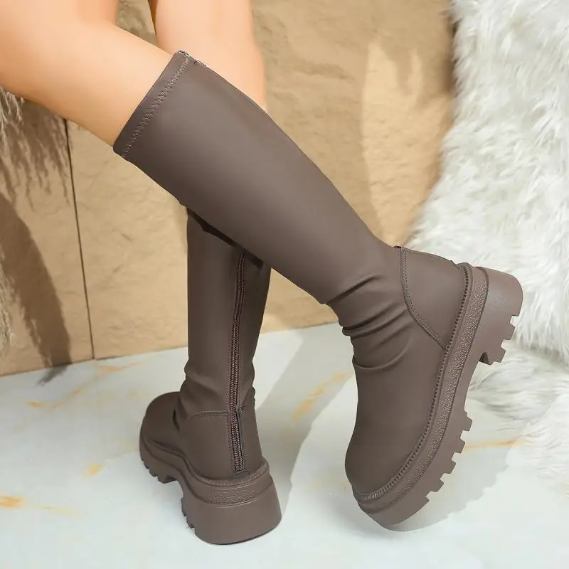 Sexy Black Thick Bottom Knee High Boots Women 2026 Winter Comfort Platform Thick Heel Elastic Long Riding Boots Plus Size Shoes