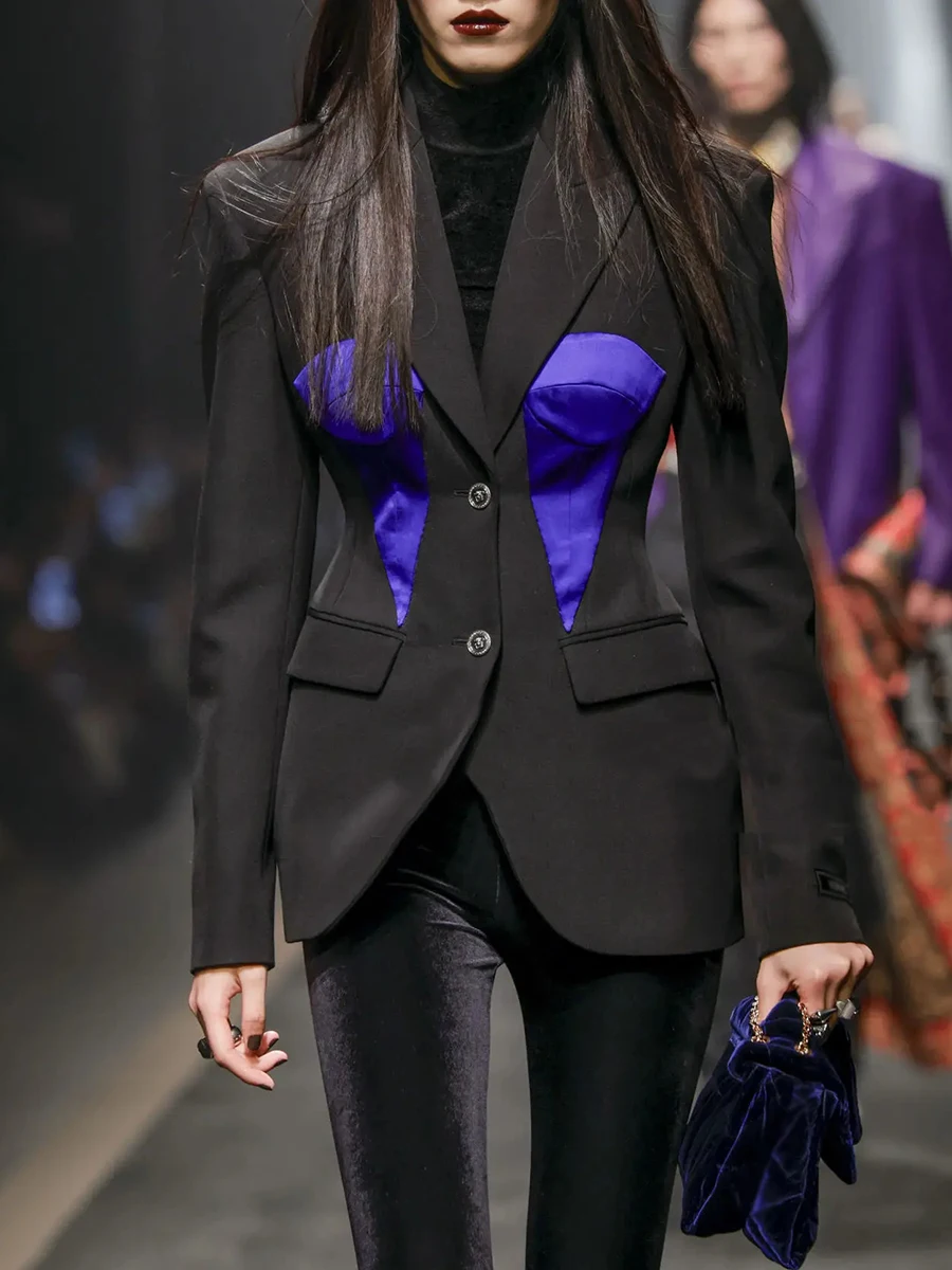 TWOTWINSTYLE Hit Color Slimming Fashion Blazers for Women Lapel Long Sleeves Patchwork Single Breasted Blazer Female Clothes New