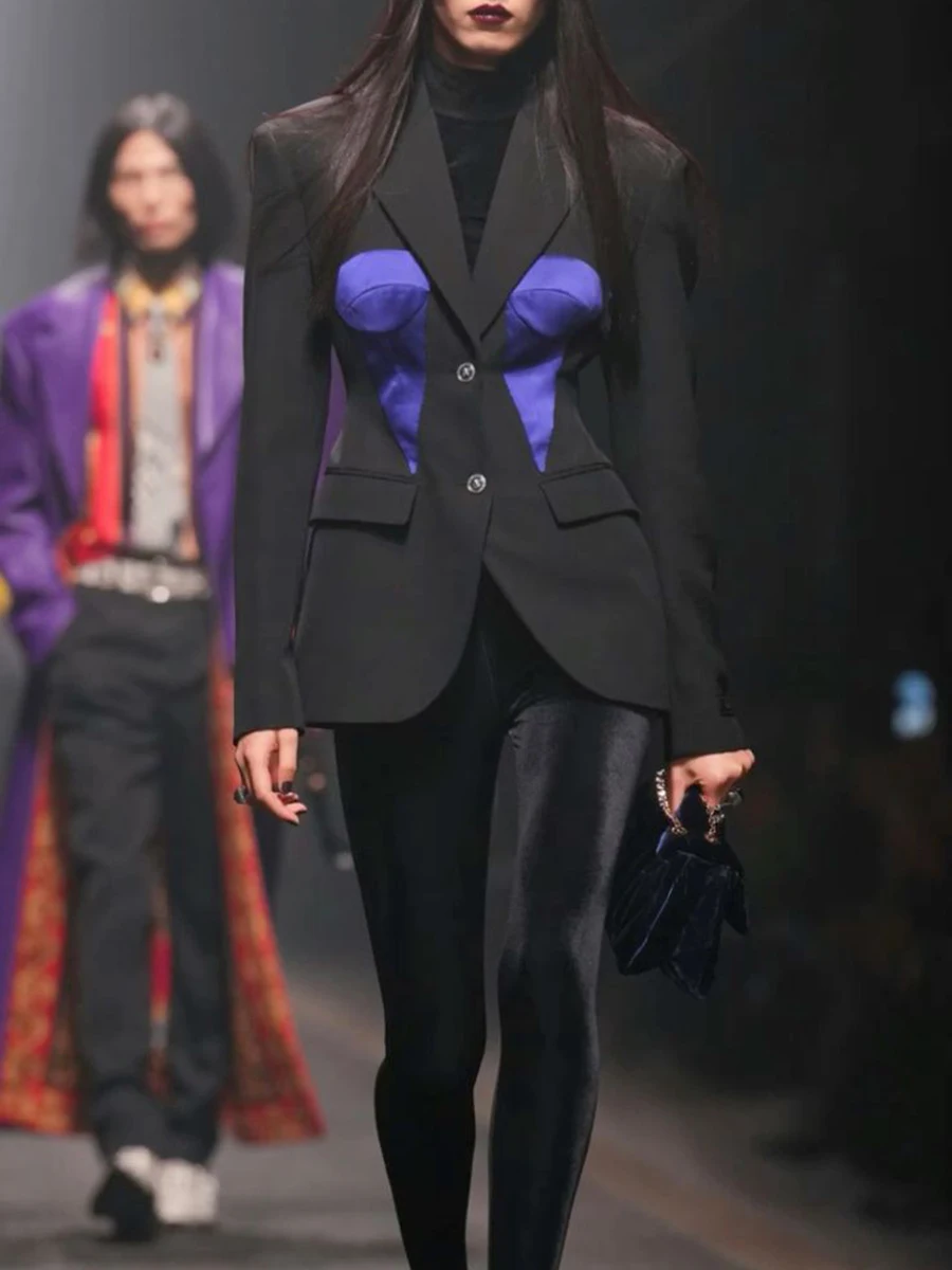 TWOTWINSTYLE Hit Color Slimming Fashion Blazers for Women Lapel Long Sleeves Patchwork Single Breasted Blazer Female Clothes New