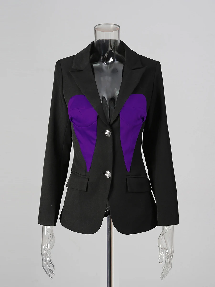 TWOTWINSTYLE Hit Color Slimming Fashion Blazers for Women Lapel Long Sleeves Patchwork Single Breasted Blazer Female Clothes New