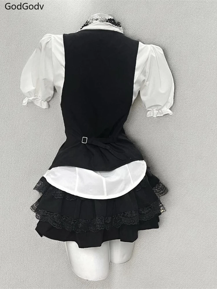 Spring Sweet Retro Elegant Woman 3 Piece Sets Preppy Style Black Vest + Bow Chic Blouse +High Waist Skirt Female Y2k Korea Style