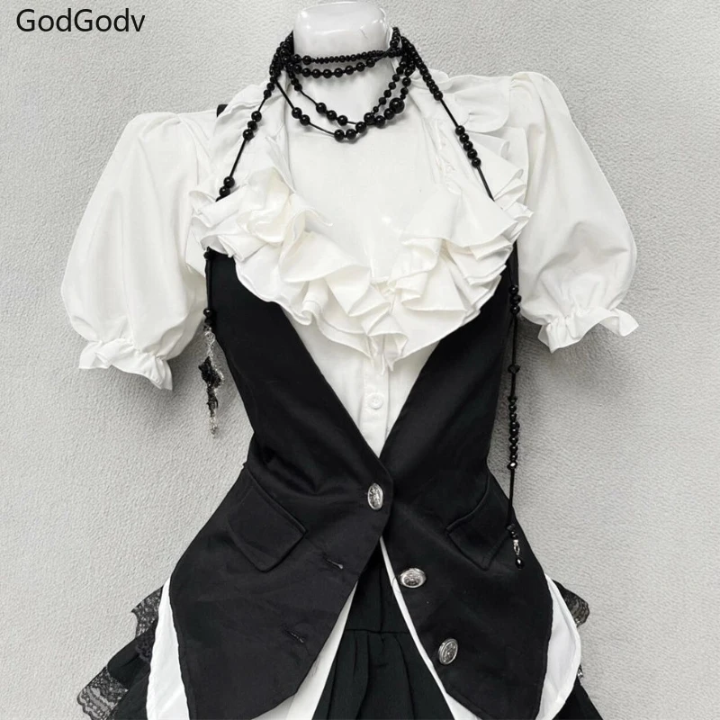 Spring Sweet Retro Elegant Woman 3 Piece Sets Preppy Style Black Vest + Bow Chic Blouse +High Waist Skirt Female Y2k Korea Style