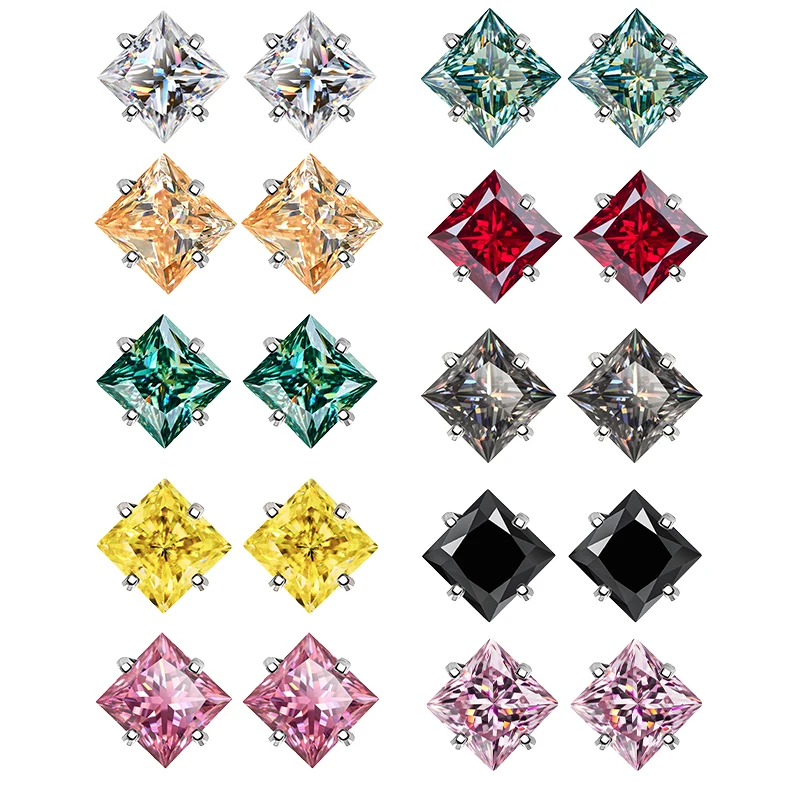 Bocarman Princess Cut Green Moissanite Stud Earrings S925 Silver Claw Set 1.2CT 3CT Fine Jewelry for Women