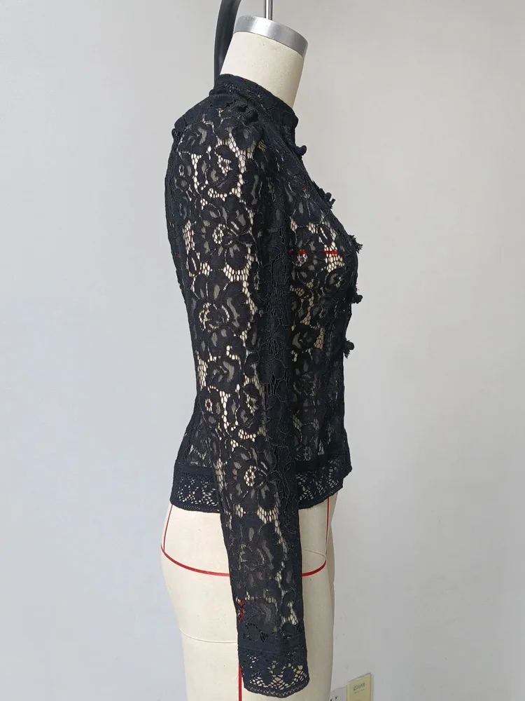 Tossy Summer Lace Printed Shirts Tops Female Hollow Out Fashion Commute Vintage See-Through Blouse Women's Lace Shrug Shirts New