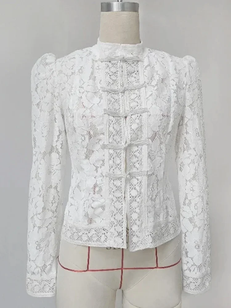 Tossy Summer Lace Printed Shirts Tops Female Hollow Out Fashion Commute Vintage See-Through Blouse Women's Lace Shrug Shirts New