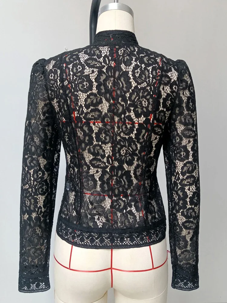 Tossy Summer Lace Printed Shirts Tops Female Hollow Out Fashion Commute Vintage See-Through Blouse Women's Lace Shrug Shirts New
