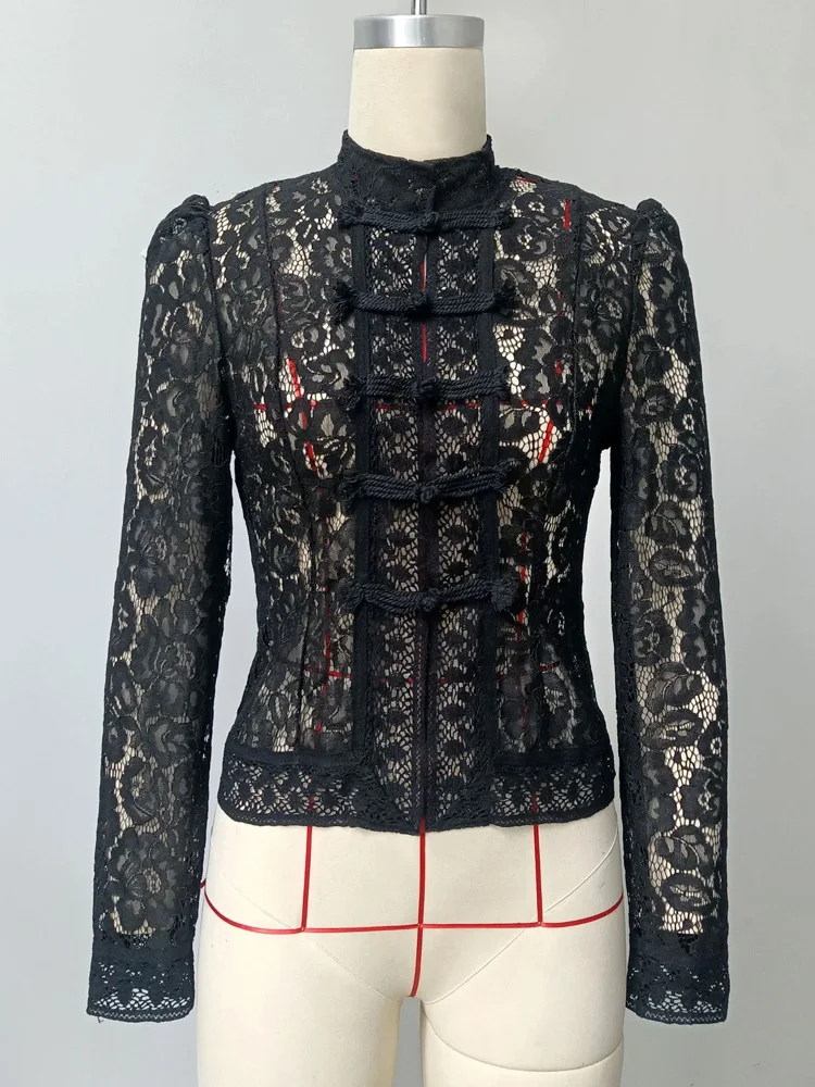 Tossy Summer Lace Printed Shirts Tops Female Hollow Out Fashion Commute Vintage See-Through Blouse Women's Lace Shrug Shirts New