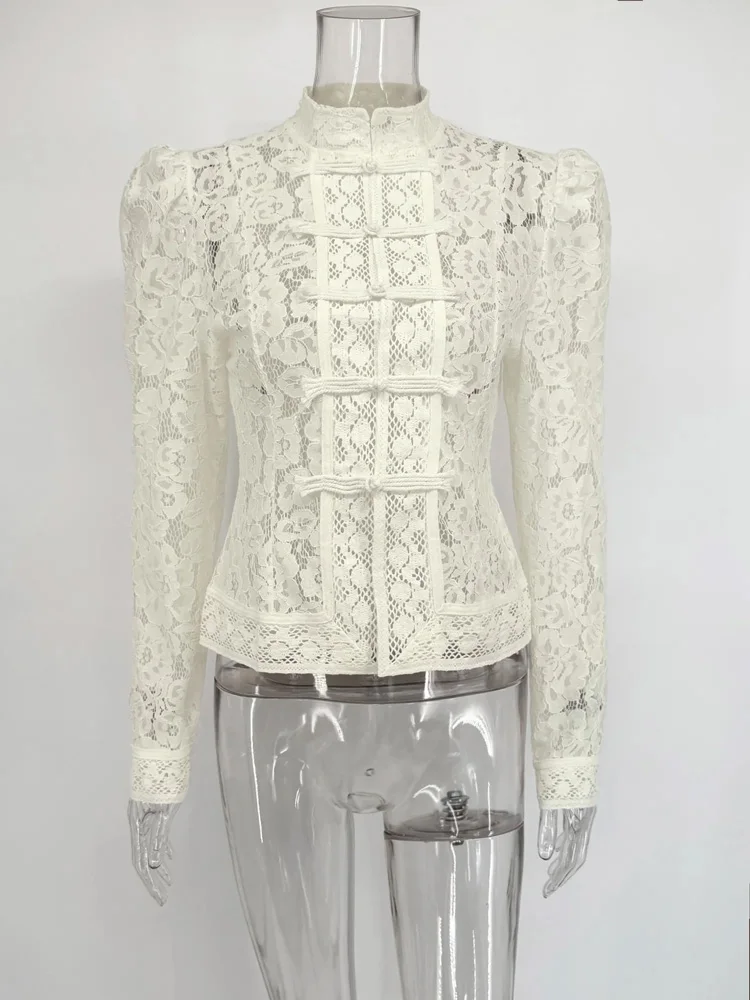 Tossy Summer Lace Printed Shirts Tops Female Hollow Out Fashion Commute Vintage See-Through Blouse Women's Lace Shrug Shirts New