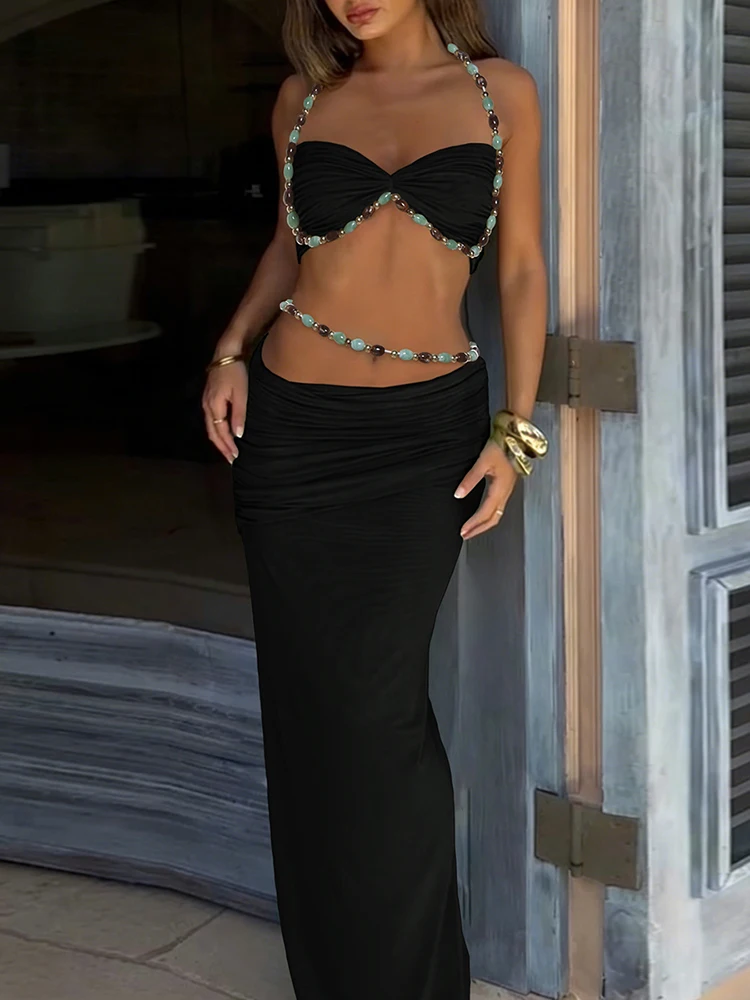 Kliou Beads Decoration 2 Piece Set Woman Halter Low-Neck Backless Camisole Tops+Elastic Waist Long Skirts Elegant Style Outfits