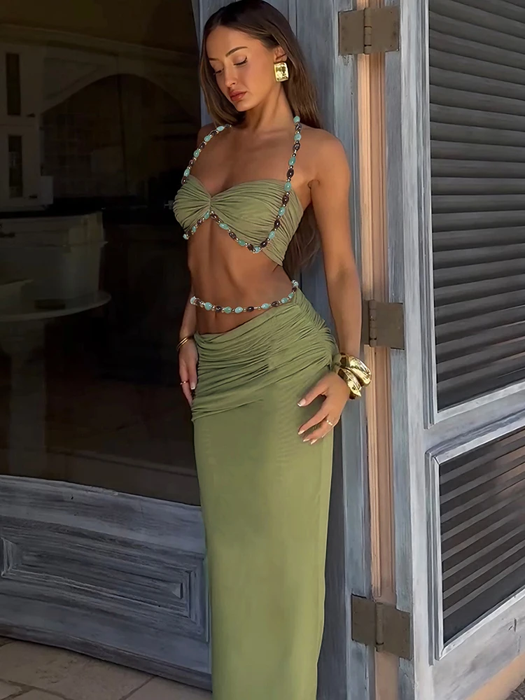 Kliou Beads Decoration 2 Piece Set Woman Halter Low-Neck Backless Camisole Tops+Elastic Waist Long Skirts Elegant Style Outfits
