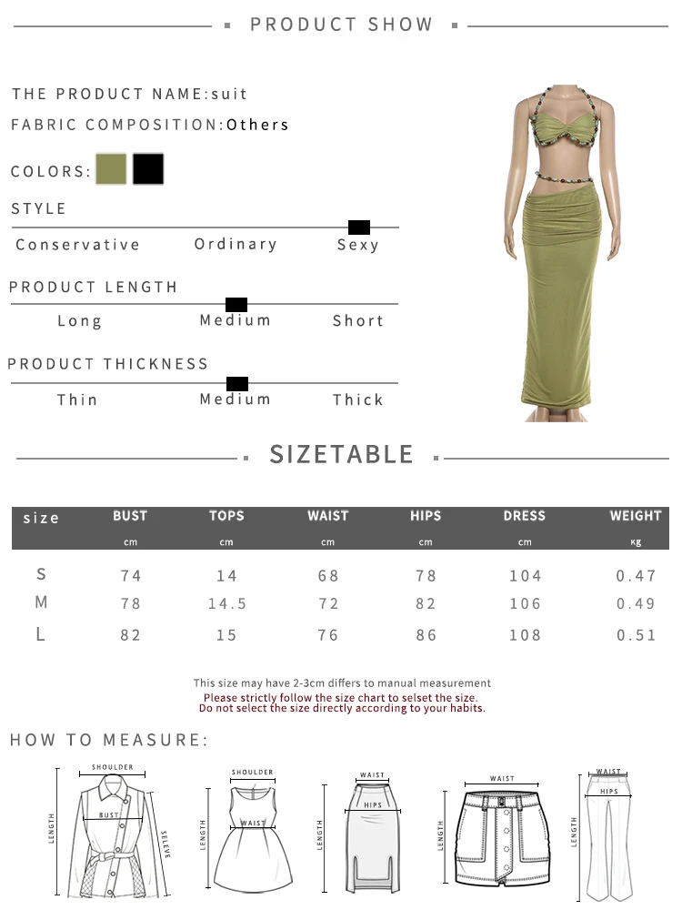 Kliou Beads Decoration 2 Piece Set Woman Halter Low-Neck Backless Camisole Tops+Elastic Waist Long Skirts Elegant Style Outfits