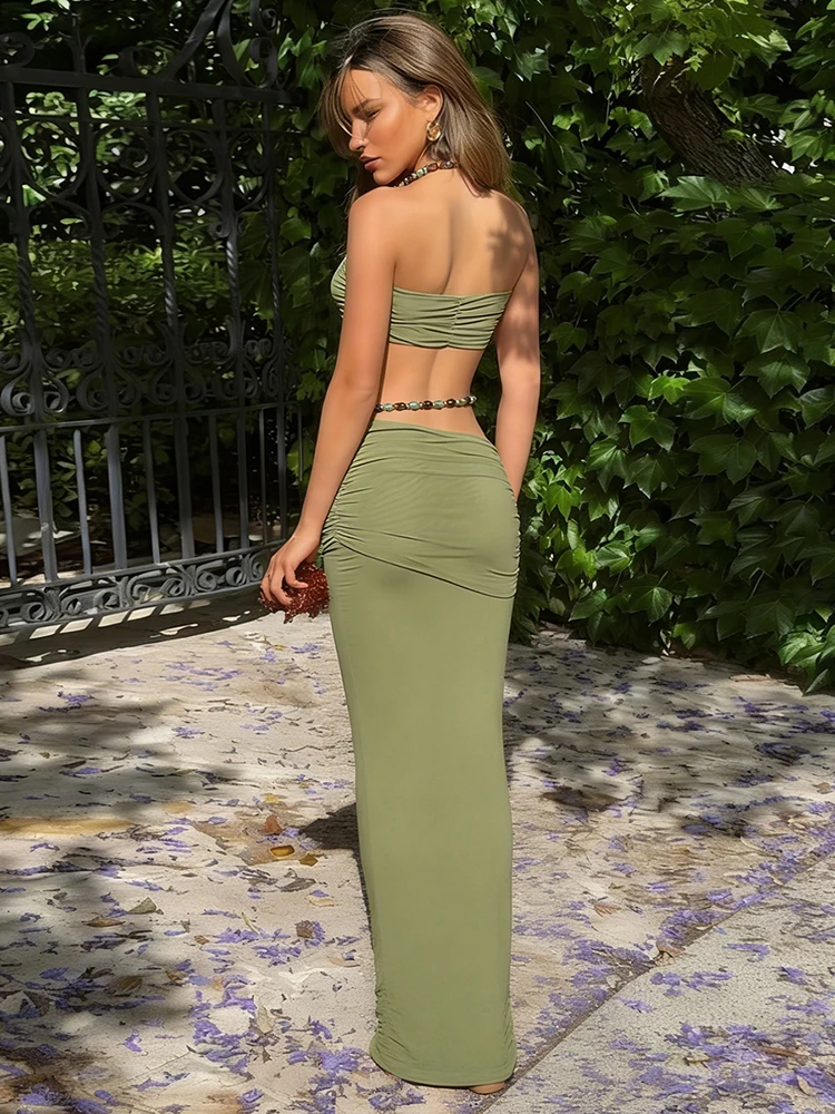 Kliou Beads Decoration 2 Piece Set Woman Halter Low-Neck Backless Camisole Tops+Elastic Waist Long Skirts Elegant Style Outfits
