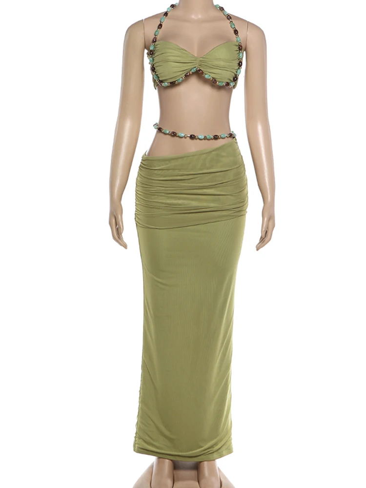 Kliou Beads Decoration 2 Piece Set Woman Halter Low-Neck Backless Camisole Tops+Elastic Waist Long Skirts Elegant Style Outfits