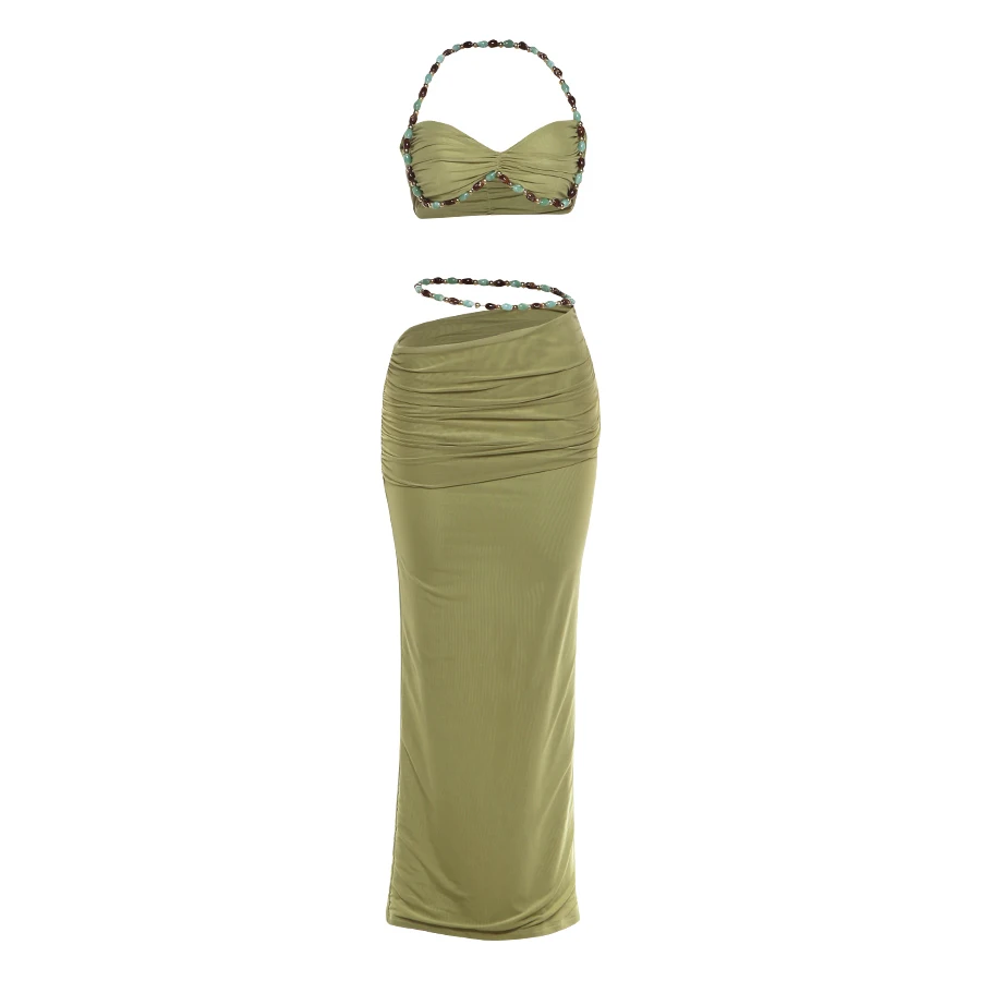 Kliou Beads Decoration 2 Piece Set Woman Halter Low-Neck Backless Camisole Tops+Elastic Waist Long Skirts Elegant Style Outfits
