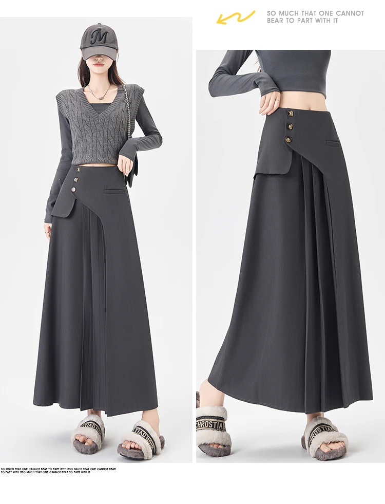 Grey Suiting Midi Skirts for Women High-Waisted A-Line Flare Skirt Perfect Hip-Camouflage Office Skirt for Autumn